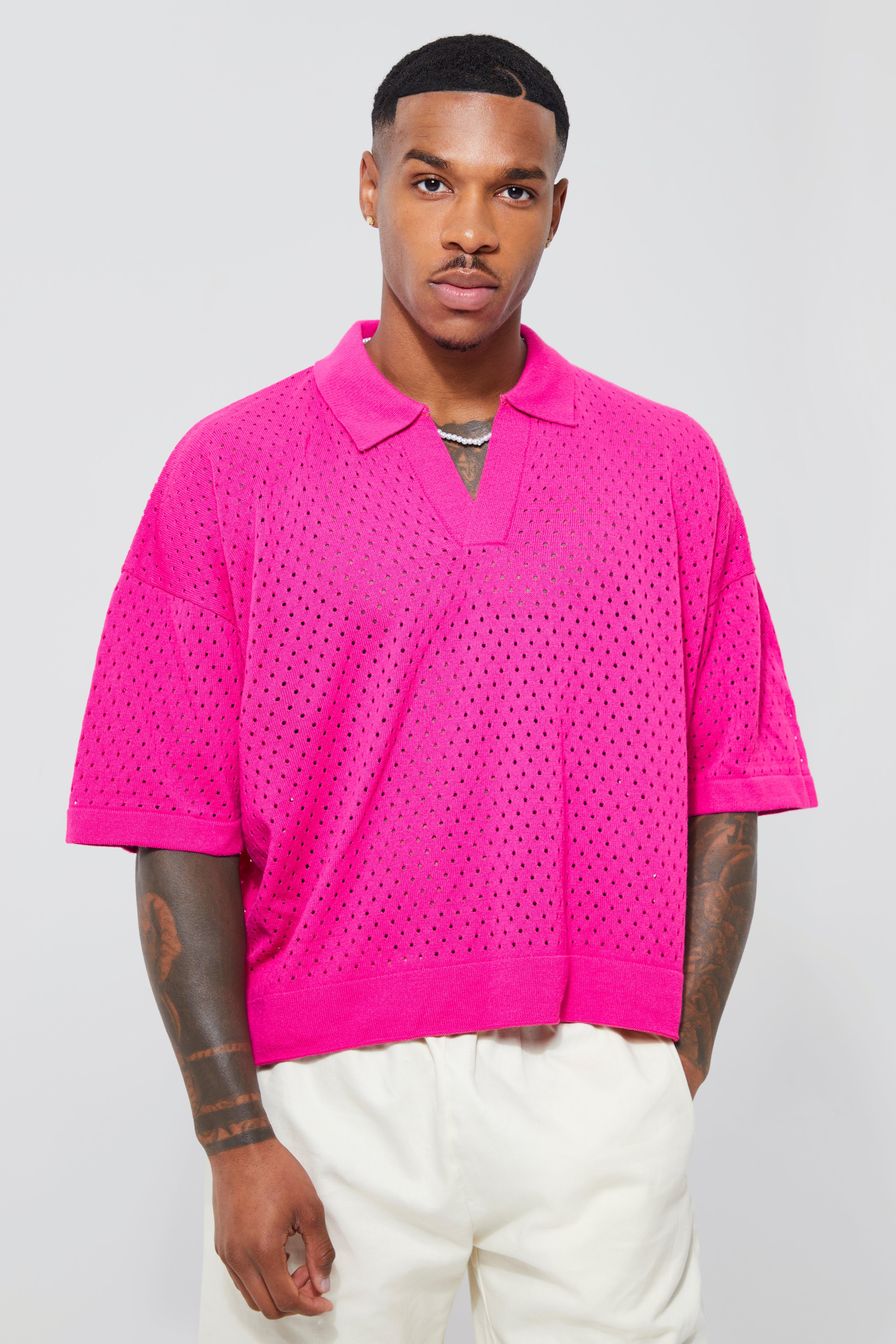 Short Sleeve Boxy Fit Revere Open Knit Polo | boohooMAN USA